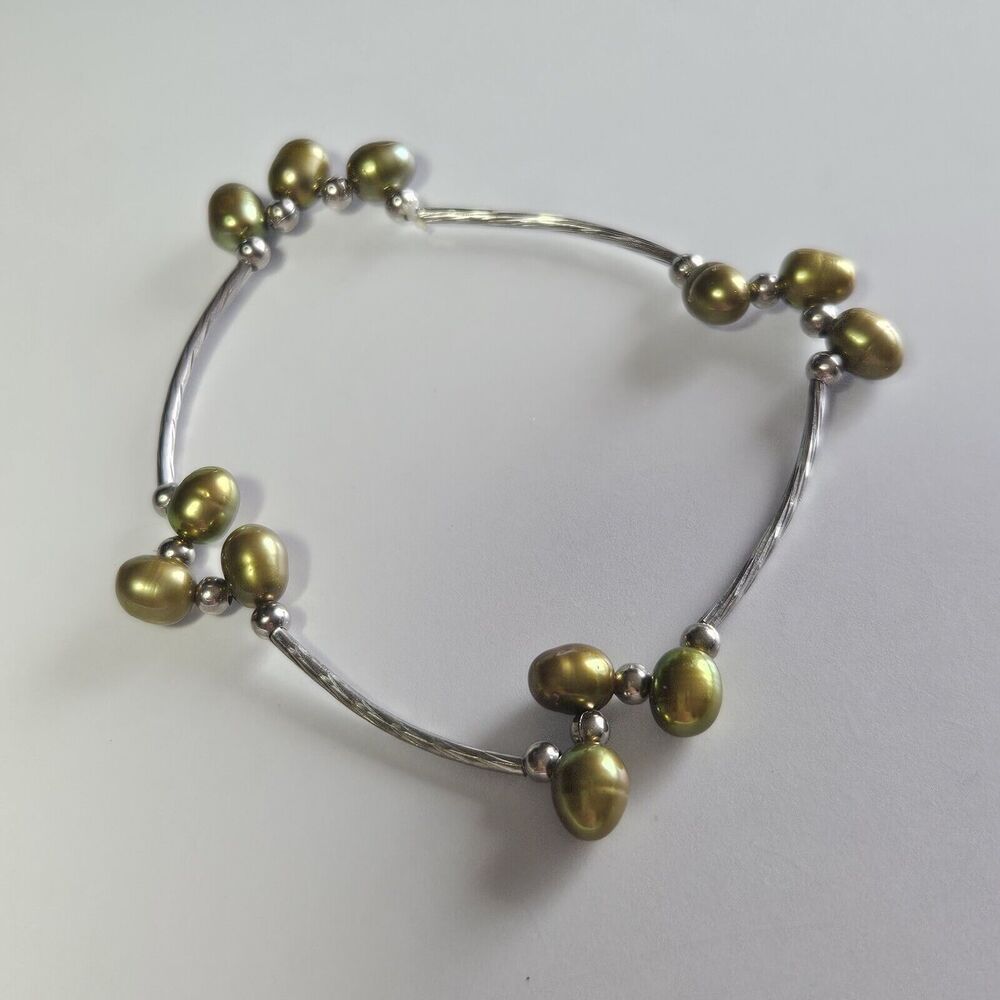 Freshwater Green Pearl And Silver Tone Stretch Bracelet 7.75"
